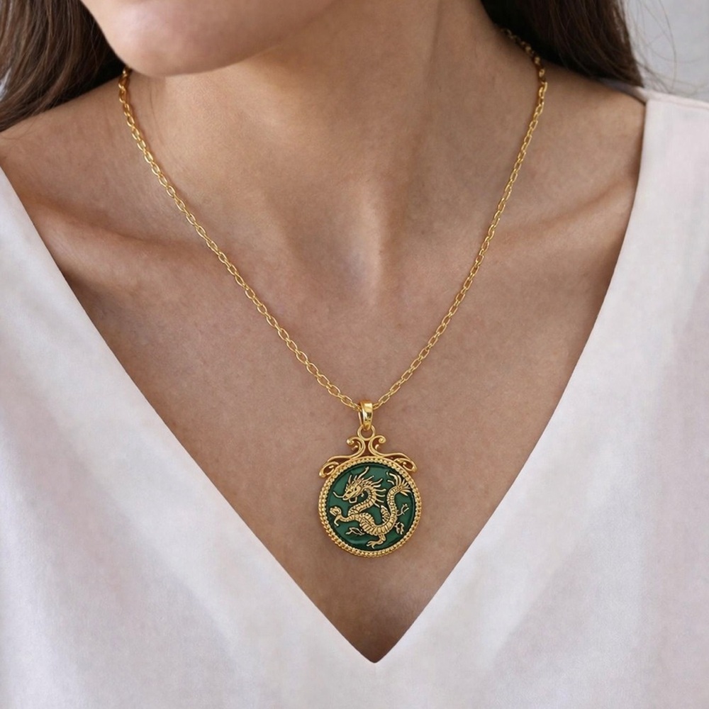 Gold Dragon Pendant Necklace with Green Enamel - Picture 7 of 9